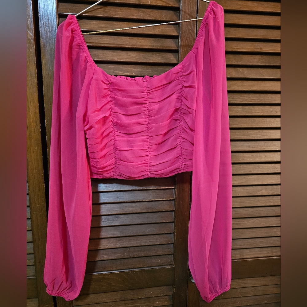 Altar'd State Vibrant Pink Rouched Cropped Blouse NWT
